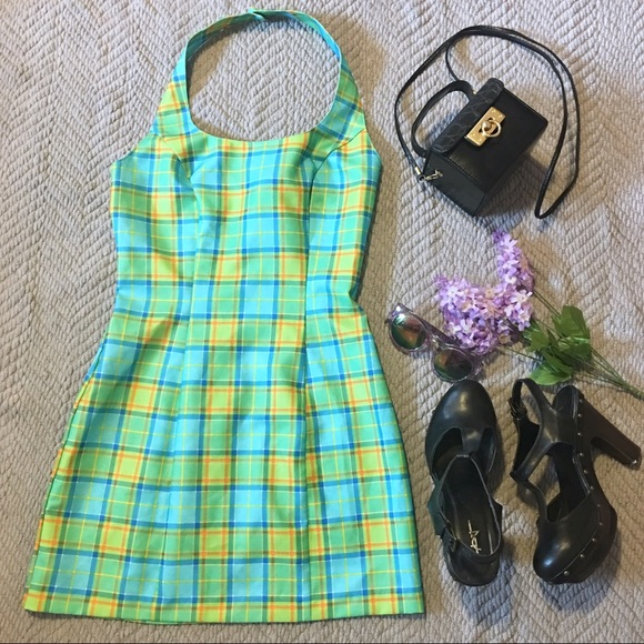 XOXO Dresses & Skirts - VTG Halter Green and Yellow Plaid Mini Dress